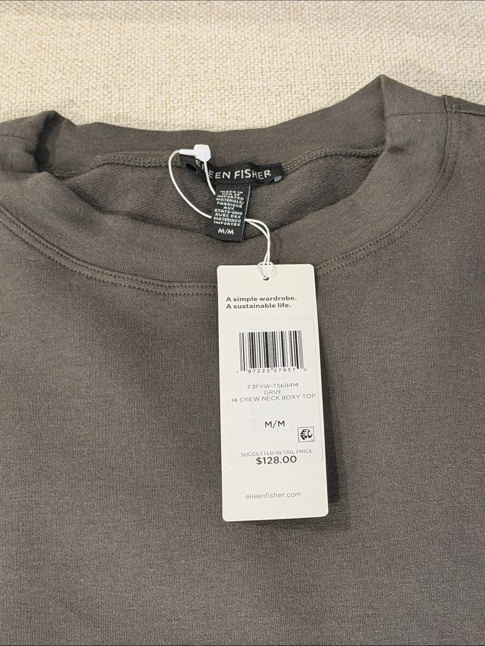 NWT Eileen Fisher Cozy Brushed Terry Hug High Crewneck Boxy Top- Medium - Picture 2 of 7